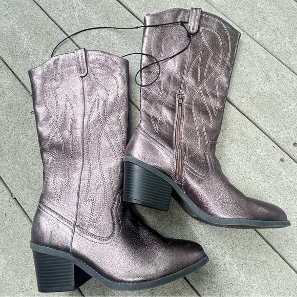POP Kylie Gunmetal Cowboy Boots Women Size 8.5 New Zip Pullon Block Heel - Picture 13 of 15